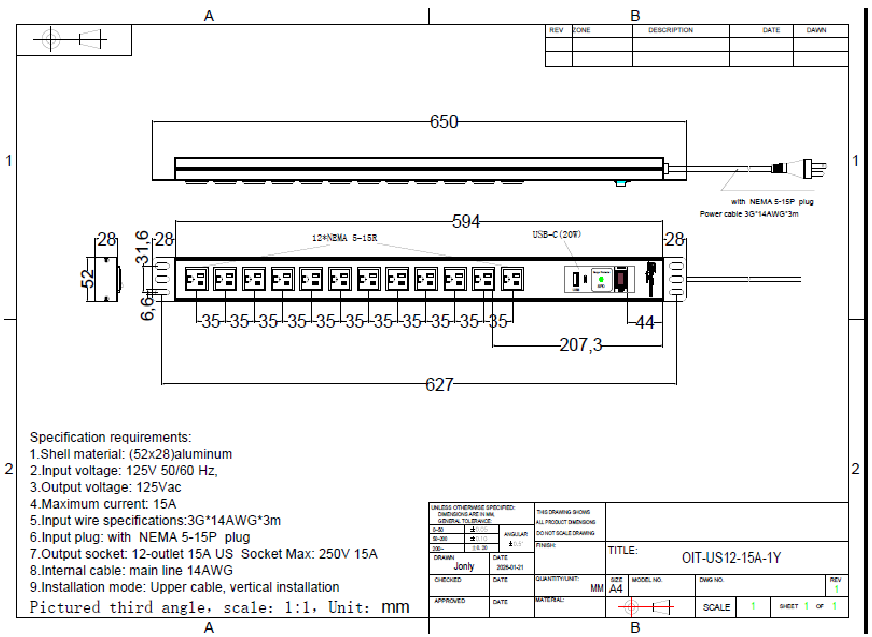 GridFrame™ 12-Outlet ETL-Listed PDU (UL 962A, 15A, 125V)